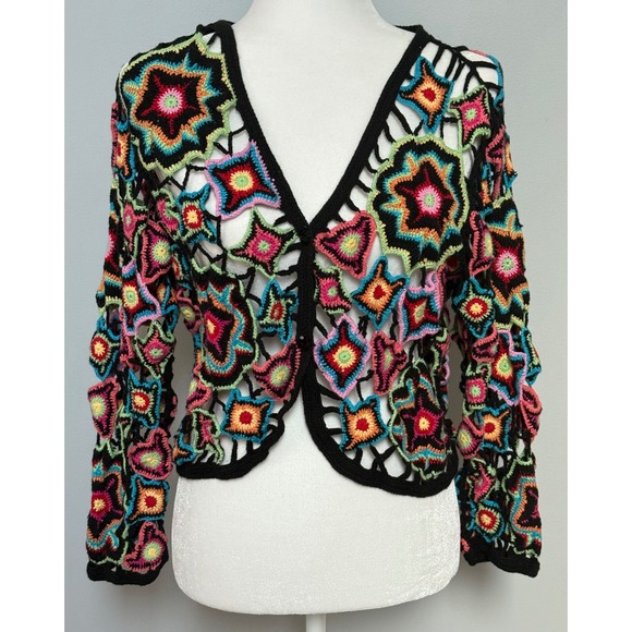 Norm Thompson Colorful Crochet Cardigan Sweater Open Knit Boho Festival Size L - Picture 1 of 12